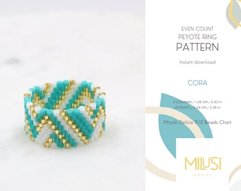 Even Peyote Ring Pattern, Miyuki Delica Seed Bead Pattern, Green Gold White Geometric Ring Pattern, Easily Variable Color Combination - Cora