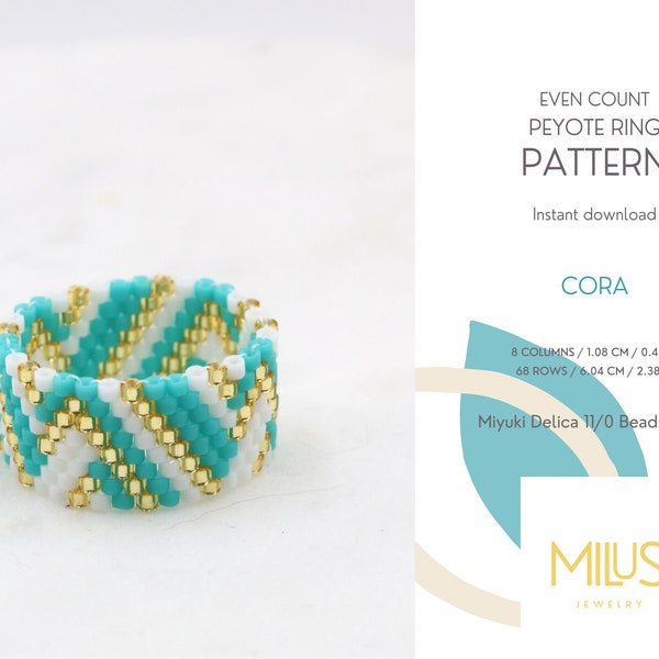Even Peyote Ring Pattern, Miyuki Delica Seed Bead Pattern, Green Gold White Geometric Ring Pattern, Easily Variable Color Combination - Cora