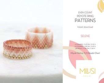 Set of 2 Even Peyote Ring Patterns, Miyuki Delica Seed Bead, Gold Orange Salmon Pink White Ombre Pattern, Art Deco Style - duo Selene