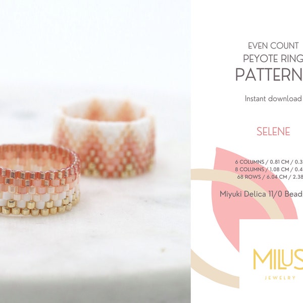 Set of 2 Even Peyote Ring Patterns, Miyuki Delica Seed Bead, Gold Orange Salmon Pink White Ombre Pattern, Art Deco Style - duo Selene