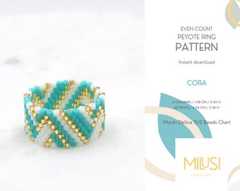 Even Peyote Ring Pattern, Miyuki Delica Seed Bead Pattern, Green Gold White Geometric Ring Pattern, Easily Variable Color Combination - Cora