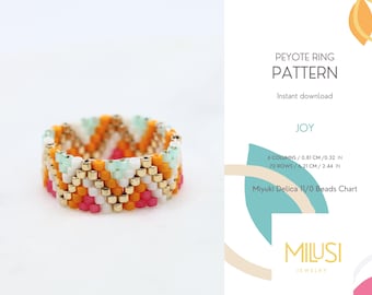Even Peyote Ring Pattern, Miyuki Delica Seed Bead Pattern, Gold Orange Red Blue White Ring Pattern, Geometric Pattern, Art Deco Style - Joy