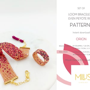 Puede incluir: Un conjunto de patrones de abalorios para un brazalete de telar y un anillo de peyote uniforme, llamado "Orion". Los patrones son para usar con cuentas Miyuki Delica 11/0. El brazalete tiene 1,36 cm de ancho y 13 cm de largo. El anillo tiene 0,81 cm de ancho y 6 cm de circunferencia.