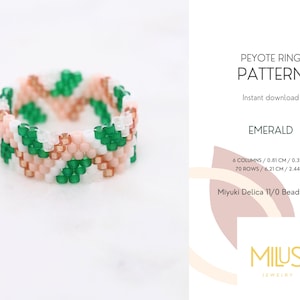 Patrón de anillo Even Count Peyote para Miyuki Delica, patrón de geometría digital en estilo art déco, verde ping blanco - esmeralda