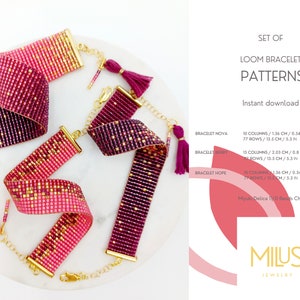 Op de afbeelding: Set van drie loom armbandpatronen, waaronder Nova, Berry en Hope. Elk patroon is 13,5 cm (5,3 inch) lang en heeft een verloop van roze en paarse kralen. De patronen zijn direct te downloaden.