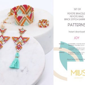 May include: A jewelry set featuring a beaded bracelet, ring, and earrings. The bracelet and ring have a geometric pattern in red, orange, and turquoise. The earrings are turquoise tassel earrings with a geometric design. The text on the image says "PATTERNS".
