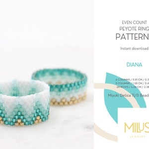Set of 2 Even Peyote Ring Patterns, Miyuki Delica Seed Bead, Gold Teal Green Light Blue White Ombre Pattern, Art Deco Style - duo Diana