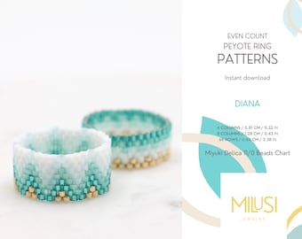 Set of 2 Even Peyote Ring Patterns, Miyuki Delica Seed Bead, Gold Teal Green Light Blue White Ombre Pattern, Art Deco Style - duo Diana