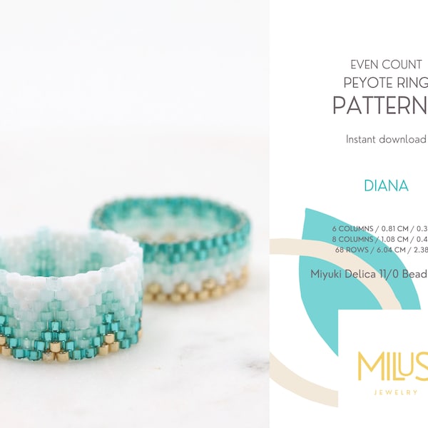 Set of 2 Even Peyote Ring Patterns, Miyuki Delica Seed Bead, Gold Teal Green Light Blue White Ombre Pattern, Art Deco Style - duo Diana