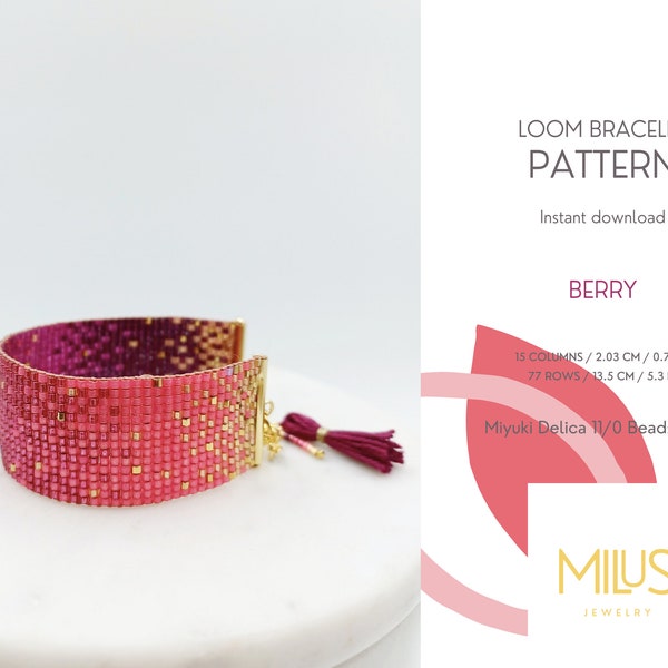 Loom Bracelet Pattern, Light Red Gold Purple Wine Ombre Gradient Miyuki Delica Bracelet Pattern, Female Beaded Bracelet Pattern - Berry