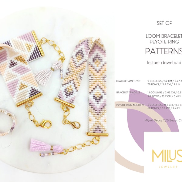 Set of 3 Patterns - Loom Bracelet Patterns, Even Count Peyote Ring Pattern, Miyuki Delica PDF Pattern, Elegant Beading Pattern