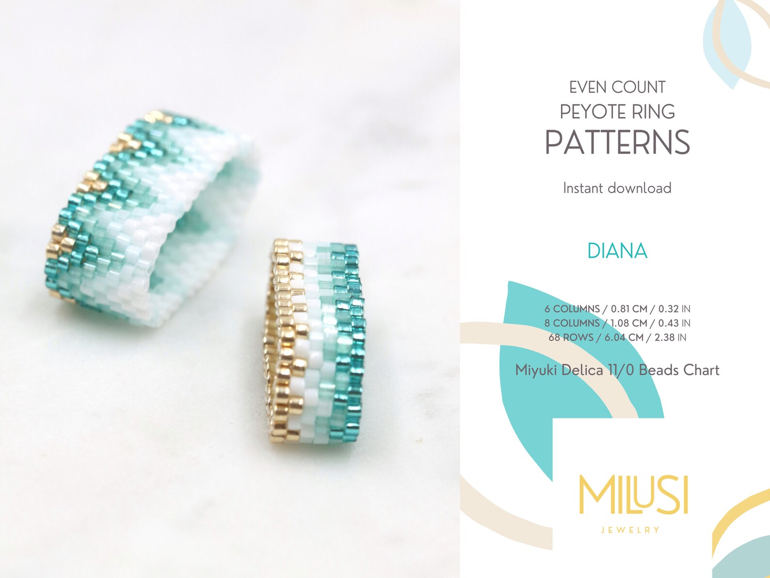 Set of 2 Even Peyote Ring Patterns, Miyuki Delica Seed Bead, Gold Teal ...