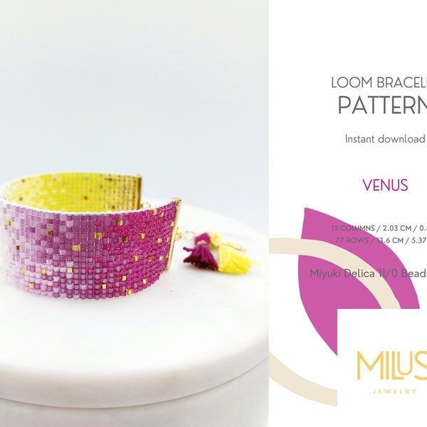 Loom Bracelet Pattern, Ombre Lime Yellow Purple Miyuki Delica Bracelet Pattern, Gradient Statement Female Beaded Bracelet Pattern - Venus