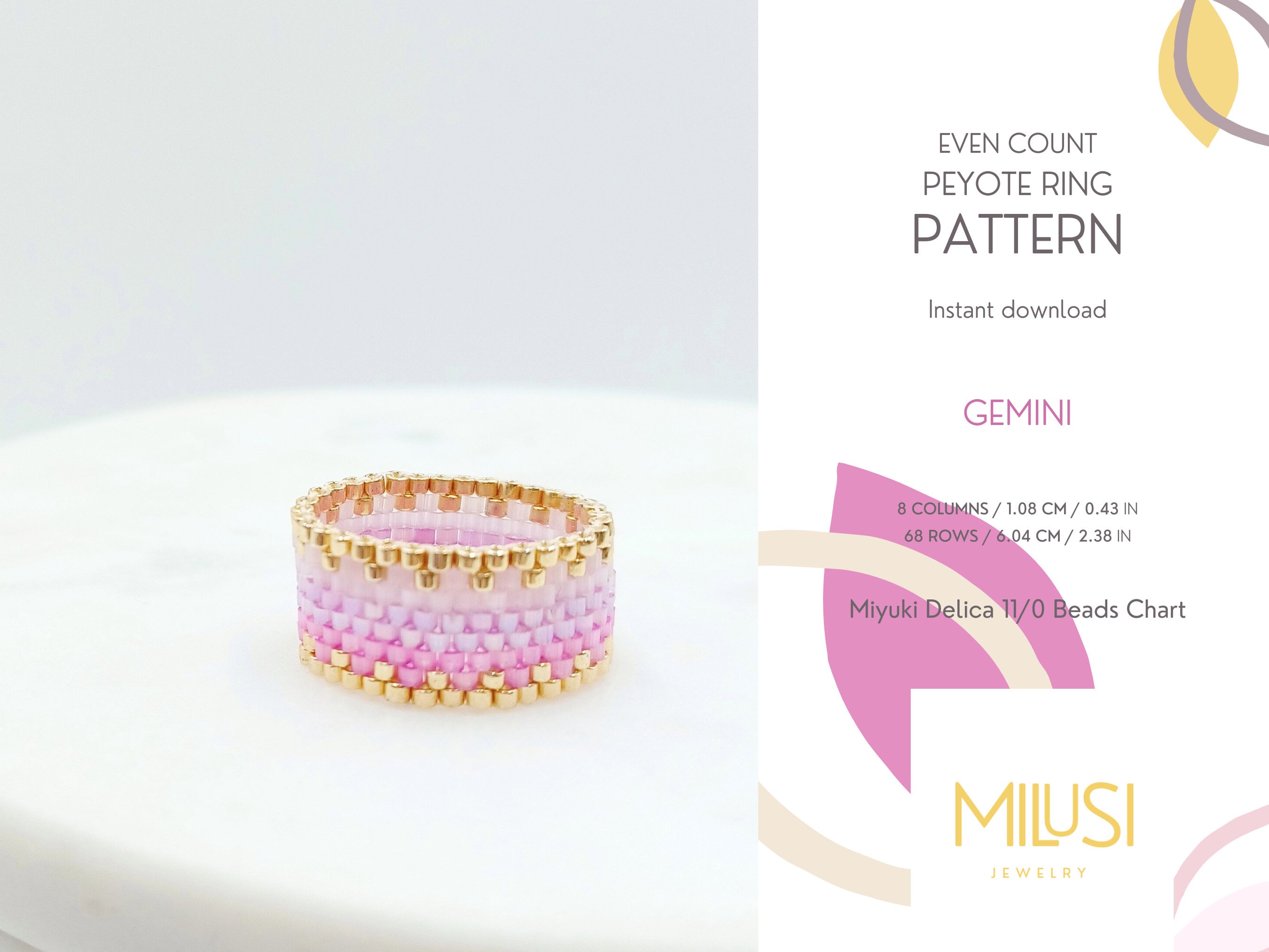 Even Count Peyote Ring Pattern, Miyuki Delica Ring Pattern, Ombre Purple Pink Gold Peyote Ring Pattern - Gemini