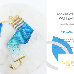 Könnte beinhalten: Ein Webmuster für ein Armband aus Perlen namens "Orleana". Das Muster ist für ein Armband, das 2,03 cm breit und 13,5 cm lang ist. Das Muster verwendet Miyuki Delica 11/0 Perlen. Das Muster ist zum sofortigen Download verfügbar.