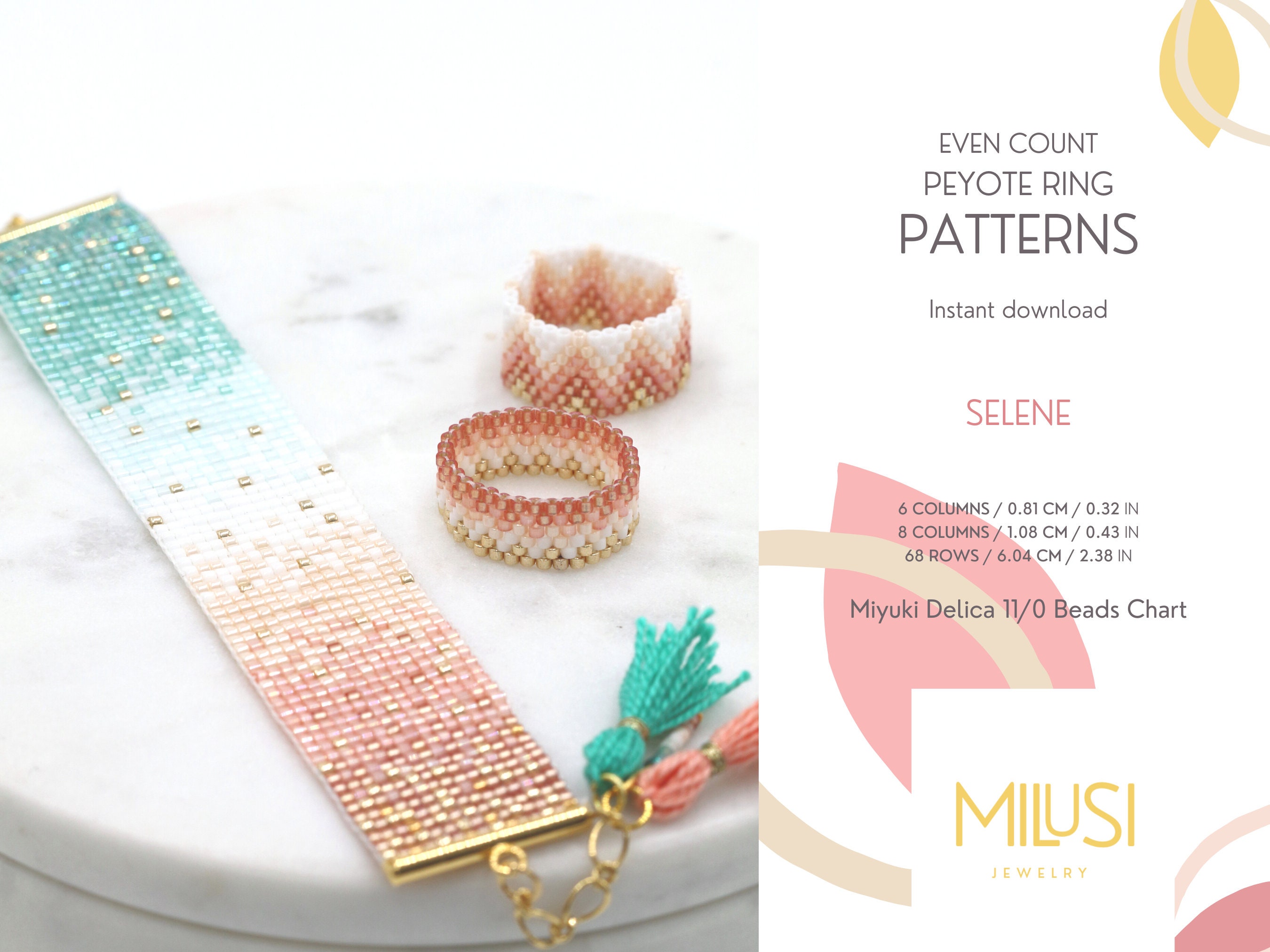 Set of 2 Even Peyote Ring Patterns, Miyuki Delica Seed Bead, Gold ...
