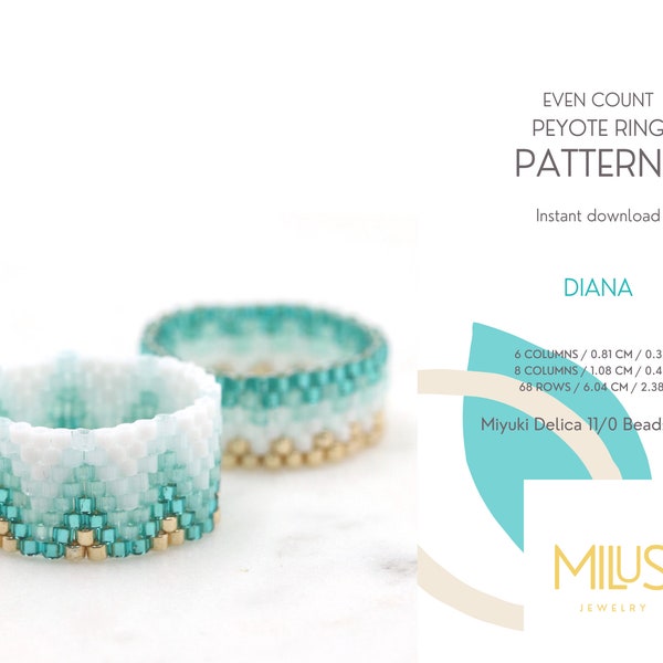 Set of 2 Even Peyote Ring Patterns, Miyuki Delica Seed Bead, Gold Teal Green Light Blue White Ombre Pattern, Art Deco Style - duo Diana