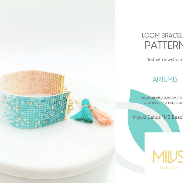 Loom Bracelet Pattern, Miyuki Delica Bracelet Pattern, Loom Bead Ombre Gold Peach White Teal Green Bracelet Pattern - Artemis