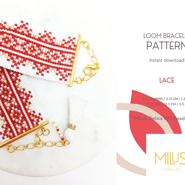 Loom Bracelet Pattern, Miyuki Delica Bracelet Pattern, Red White Gold Embroidery Inspired Bead Loom Bracelet Pattern - Lace