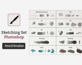 May include: A digital sketching set for Photoshop featuring a grid of pencil brush strokes labelled Mechanical pencil, HB, 2B, 4B, 8B, 10B, Shading, Colour, and Chalk. The text reads Sketching Set Photoshop and Pencil Brushes with a brush icon.