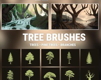 May include: A digital set of Photoshop stamp brushes featuring tree, pine tree, and branch designs. The image displays two landscape illustrations using the brushes and ten individual light green tree silhouettes on a black background.