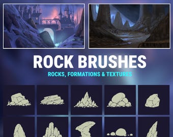 May include: A digital set of Photoshop stamp brushes in ABR file format featuring various rock formations and textures. The display includes two landscape illustrations and ten individual light-coloured rock icons on dark blue square backgrounds.