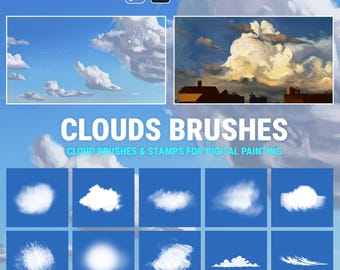 May include: A digital asset pack for Adobe Photoshop featuring cloud brushes and stamps. The image displays two example landscape paintings of clouds and a grid of ten individual white cloud brush shapes on a blue background with text.