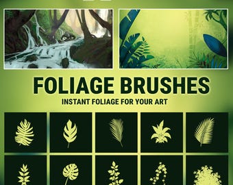 May include: A digital set of foliage brushes for Photoshop, featuring an ABR file format. The display shows two landscape illustrations of jungle scenes and ten individual yellow leaf and plant silhouettes on dark green square backgrounds.