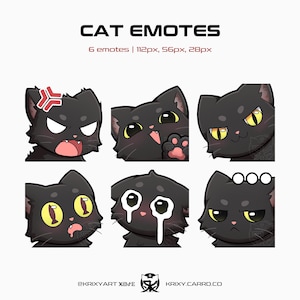 Könnte beinhalten: Eine Sammlung von sechs schwarzen Katzen-Emotes mit verschiedenen Ausdrücken, darunter wütend, glücklich und traurig. Der Text "CAT EMOTES" steht oben, mit Größenangaben darunter. Der Name und die Website des Künstlers stehen unten.
