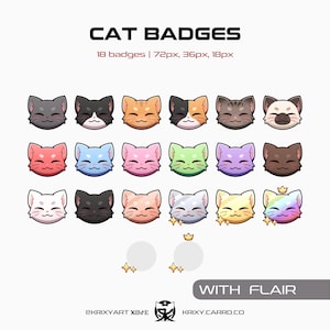 May include: A set of 18 cat badges in a variety of colours and patterns, such as grey, black, and orange. The text "CAT BADGES" is at the top, with sizes listed below. The phrase "WITH FLAIR" is at the bottom.