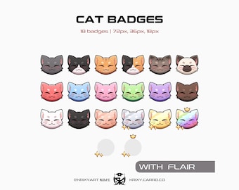 May include: A set of 18 cat badges in a variety of colours and patterns, such as grey, black, and orange. The text "CAT BADGES" is at the top, with sizes listed below. The phrase "WITH FLAIR" is at the bottom.