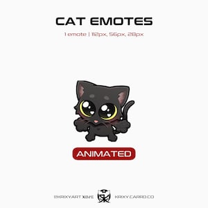 Könnte beinhalten: Ein schwarzes Katzen-Emote mit großen gelben Augen und einem roten Rouge, vor weißem Hintergrund. Der Text "CAT EMOTES" steht oben, mit "ANIMATED" in einem roten Rechteck darunter.