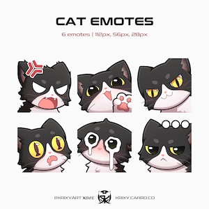 Könnte beinhalten: Auf weißem Hintergrund werden sechs Cartoon-Katzen-Emotes mit schwarz-weißem Fell gezeigt. Die Emotes drücken verschiedene Emotionen aus, darunter Wut, Glück und Traurigkeit. Der Text "CAT EMOTES" steht oben, darunter die Abmessungen. Der Name des Künstlers steht unten.