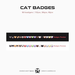 May include: A graphic featuring the text "CAT BADGES" above two rows of cat-themed badges in various colors. The image includes the text "18 badges | 72px, 36px, 18px" and "Badges Preview". The bottom of the image includes the artist's name and website.