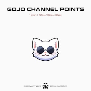May include: White cat illustration wearing sunglasses, with the text "GOJO CHANNEL POINTS" above. The image also includes the text "1 icon | 112px, 56px, 28px" and the artist's social media handles. The cat has a smiling expression.