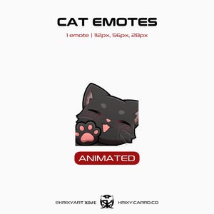 Op de afbeelding: Een digitale afbeelding met een zwarte katten-emote met een roze poot en blos. De tekst "CAT EMOTES" staat bovenaan, met "ANIMATED" in een rode rechthoek eronder. De emote is 112px bij 56px groot.