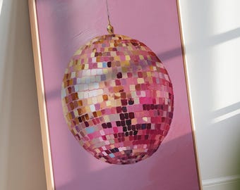 Pink Disco Ball Canvas Wall Art, Funky Bar Cart Print, Girls Style Music Decor