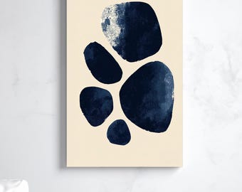 Navy Blue Abstract Shapes Art Print, Coastal Minimalist Wall Decor, Organic Pebble Stones Canvas, Modern Nature Inspired Poster