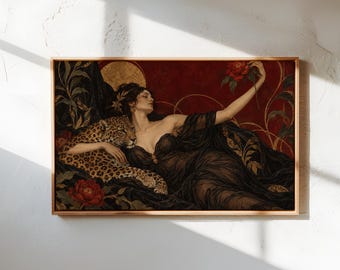 Eclectic Burgundy Leopard Floral Woman Canvas Wall Art, Feminine Art For Bedroom