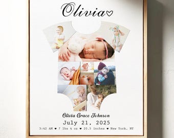 Puede incluir: Impresión en lienzo enmarcada con un collage de fotos de bebé con forma de body. La impresión incluye el nombre "Olivia", detalles del nacimiento y el texto "Olivia Grace Johnson, 21 de julio de 2025, 3:42 AM, 3,18 kg, 52,07 cm, Nueva York, NY."