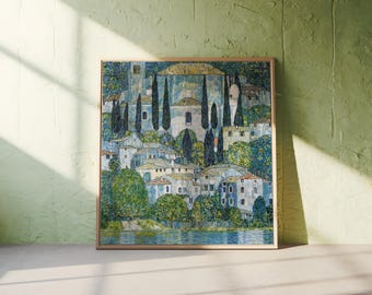 Famous Gustav Klimt Church In Cassone Art Print, Lake Garda Square Canvas, Vintage Wall Art, Impressionist Village Painting