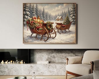 Vintage Red Sleigh Canvas Wall Art, Rustic Whimsical Winter Scene Christmas Print