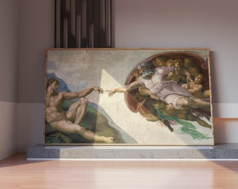 The Creation Of Adam Canvas Wall Art, Renaissance Painting Printable Home Decor, Christian Panoramic
