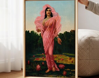 Vintage Raja Ravi Varma Canvas Art, Indian Goddess In Pink Sari Painting, Indian Wall Art, Classical Indian Mythology Decor