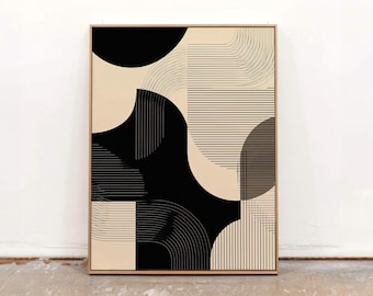 Modern Abstract Geometric Wall Art, Black And Beige Canvas, Minimalist Line Art Poster, Large Contemporary Print