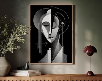 Geometric Abstract Portrait Wall Art, Black And White Famale Canvas, Figurative Silhouette Print, Modern Home Decor