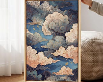 Japanese Abstract Cloud Canvas Wall Art, Asian Style Bedroom Print, Blue Painting