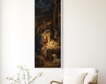 Nativity Scene Christian Canvas Wall Art, Holly Family Starry Night Home Decor