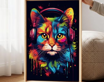 Custom Graffiti Gamer Animals with Headphones Canvas, Pop Art Animal Wall Art, Neon Street Poster, Gaming Room Decor
