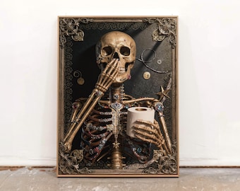 Halloween Skeleton Canvas Wall Art For Spooky Bathroom, Eclectic Toilet Paper Decor